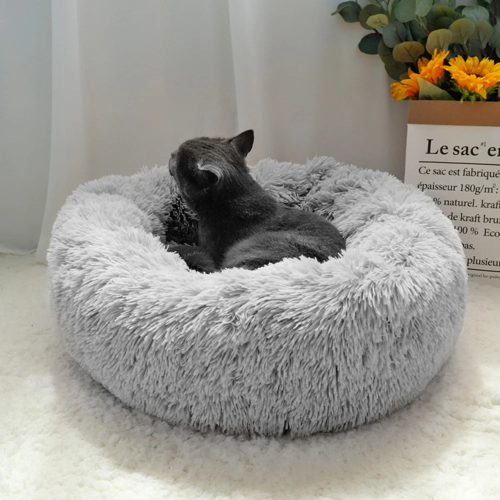 Long Plush Cat Bed House Soft Round Cat Bed Winter Pet & Dog